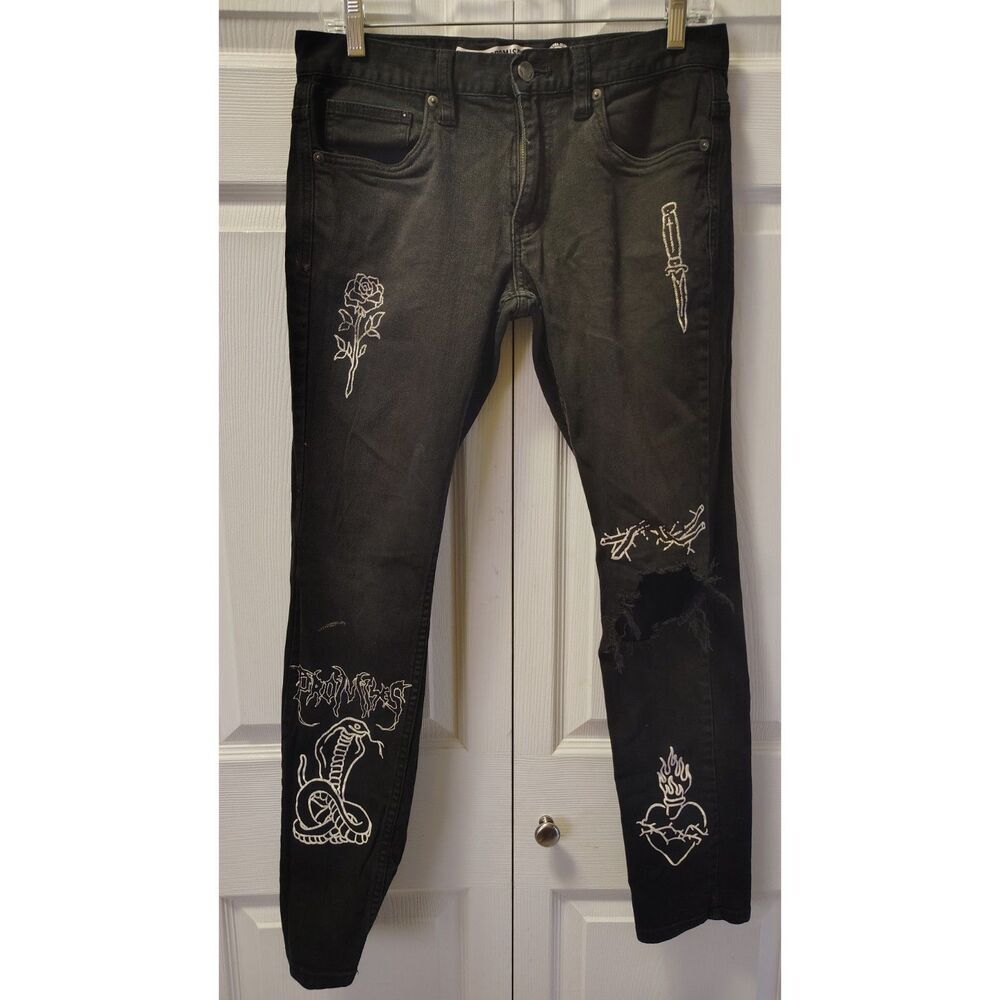 Broken Promises Size 30 Black Tattoo Gothic Grunge Jeans Distressed Ultra Slim